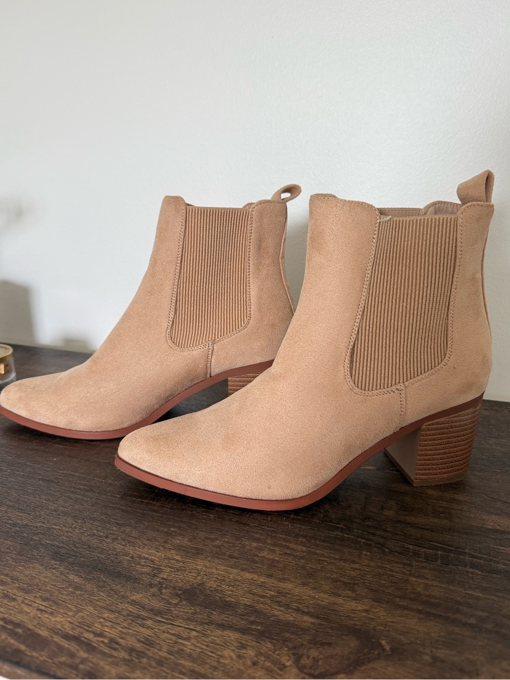 Tan Faux Suede Pointed Toe Chelsea Ankle Boots Block Heel 9